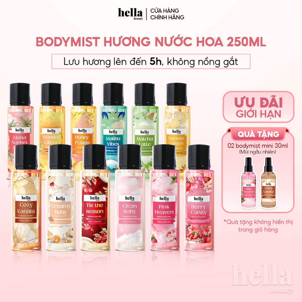 Xịt thơm body mist hương nước hoa Hella Beauty 250ml lưu hương lâu, an toàn cho da nhạy cảm