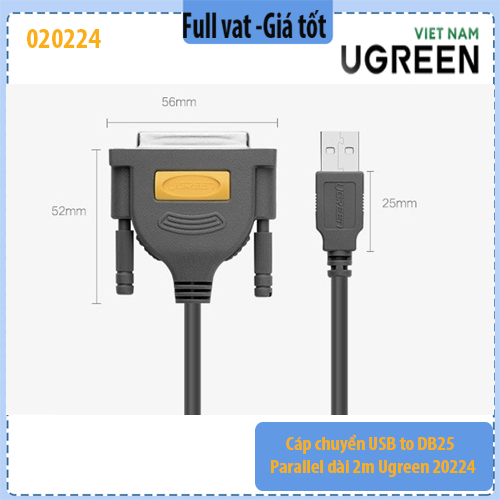 Cáp chuyển USB to DB25 Parallel UGREEN 20224 dài 2m – USB sang cổng máy in LPT DB25 Female - full va