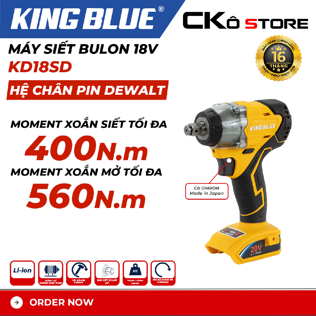 Máy Siết Bu Lông 18V King Blue KD18SD, Động Cơ Không Chổi Than, Pin Li-ion 1/2 Inch