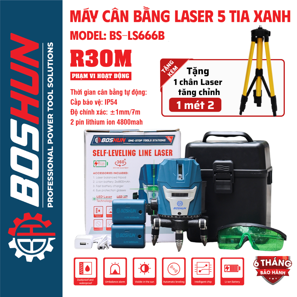 [Tặng chân] Máy cân mực laser BOSHUN BS-LS666B, 5 tia xanh bóng LED siêu sáng - Kèm 2 pin - Chân 1m2