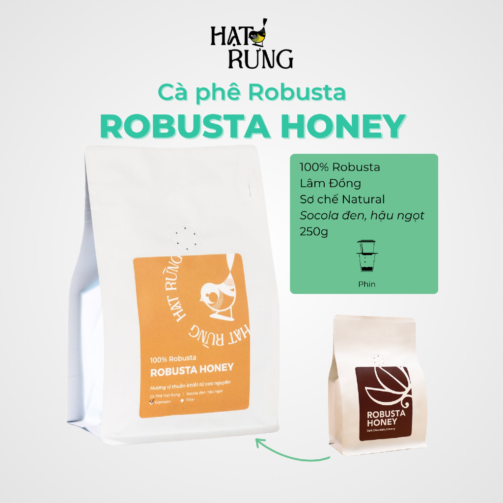 Cà phê Robusta rang mộc, 100% Robusta - ROBUSTA HONEY, rang vừa (espresso, phin, moka pot) -Gói 250G