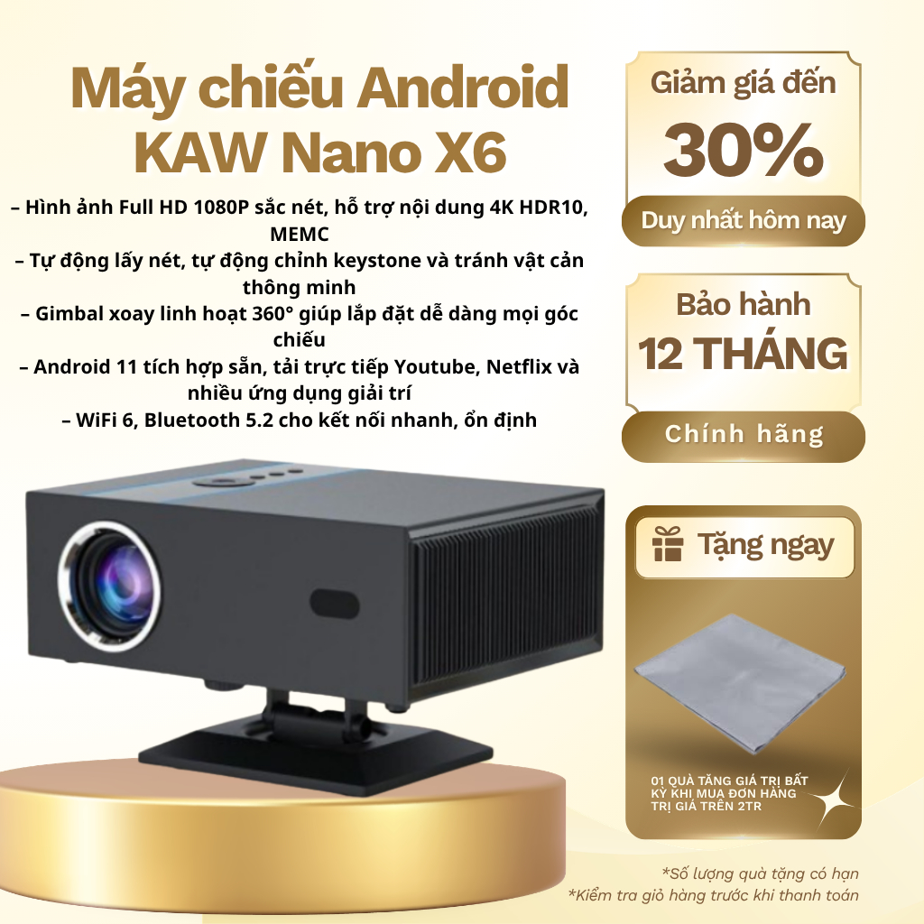 Máy chiếu Android KAW Nano X6 - Hàng Chính Hãng, Độ Phân Giải 1080P, Âm Thanh Audio Sắc Nét