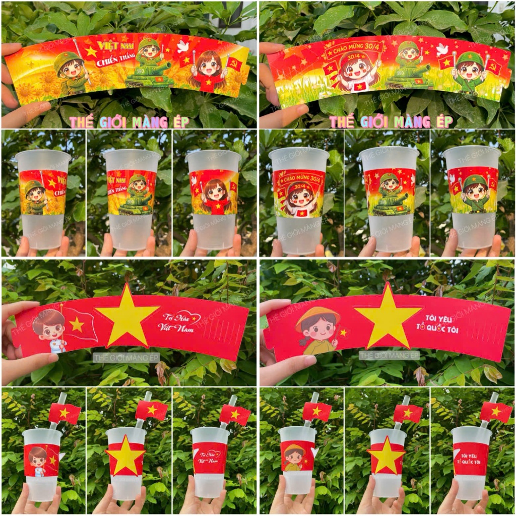 [Combo 100c] Cover Bọc Ly Kèm Tag Ống Hút – Phụ Kiện Trang Trí Ly Giấy, Ly Nhựa Lễ 30/04