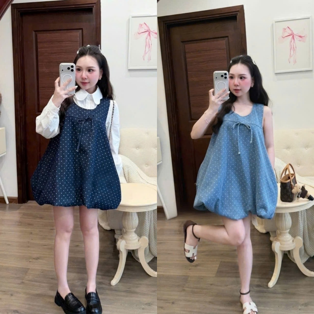 (Váy Nữ Xinh): Váy Jean Giấy Chấm Bi Sát Nách Dáng Bí Nơ Ngực 2 Màu Siu Đáng Iu -Ảnh Thật Lollaye