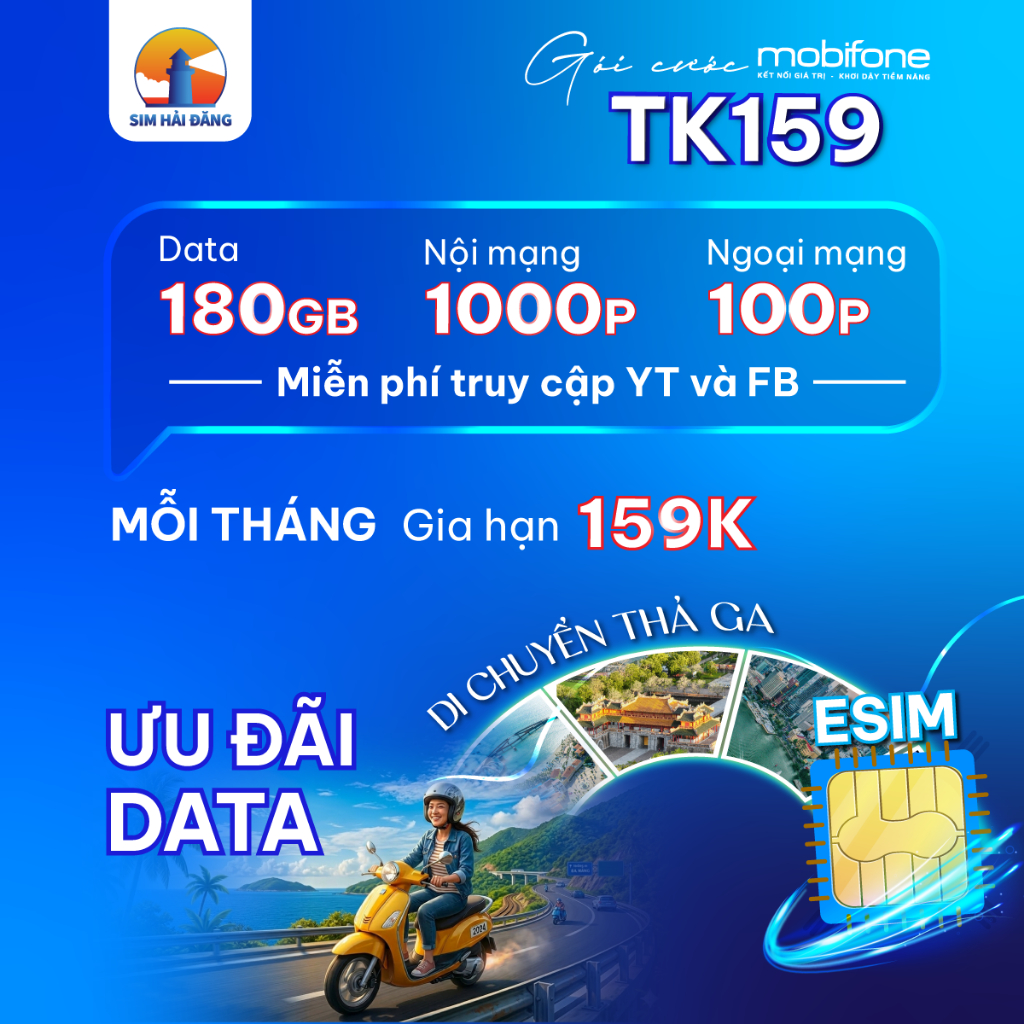 SIM 5G/4G Mobifone - TK159 -  180GB/Tháng - Gia Hạn 159K/Tháng