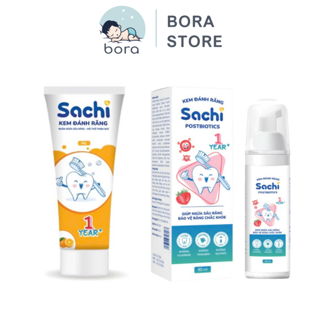 Kem đánh răng Sachi tuýp 60g và xịt tạo bọt 80ml làm sạch, ngừa sâu răng, khử mùi hôi miệng cho bé