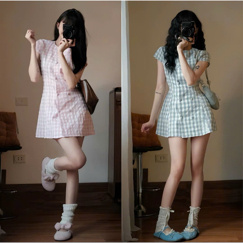 (Váy Kiểu Nữ): Váy Kẻ Caro Dáng A Cổ Tròn Cúc Bọc Tay Cộc Phối Đai Buộc Eo 2 Màu-Ảnh Thật Lollaye