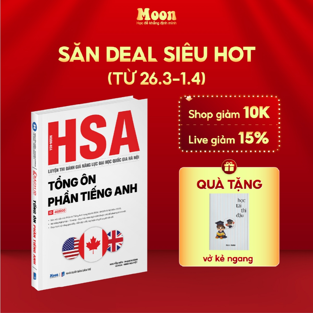 [ HSA 2025 ] - Tổng ôn phần tiếng anh, sách ôn thi đánh giá năng lực Hà Nội Moonbook