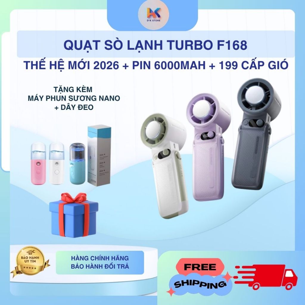 Quạt Sò Lạnh Turbo JF168 Thế Hệ Mới 2026: Pin Khủng 6000mAh, 199 Cấp Độ Gió,Tặng Máy Phun Sương Nano
