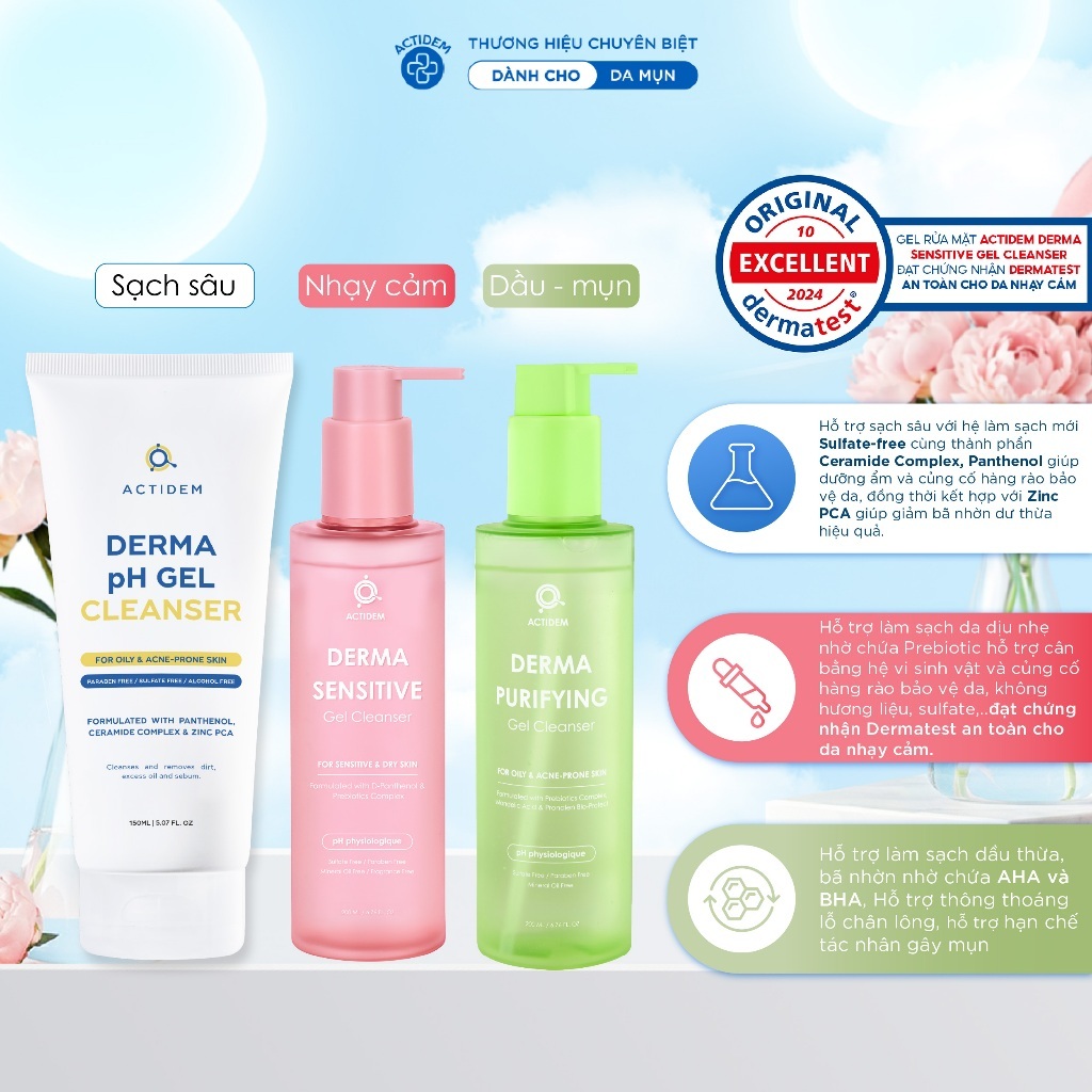 Gel rửa mặt ngừa mụn cho da dầu, nhạy cảm, da hỗn hợp Actidem Derma pH/Sensitive/Purifying Gel Clean
