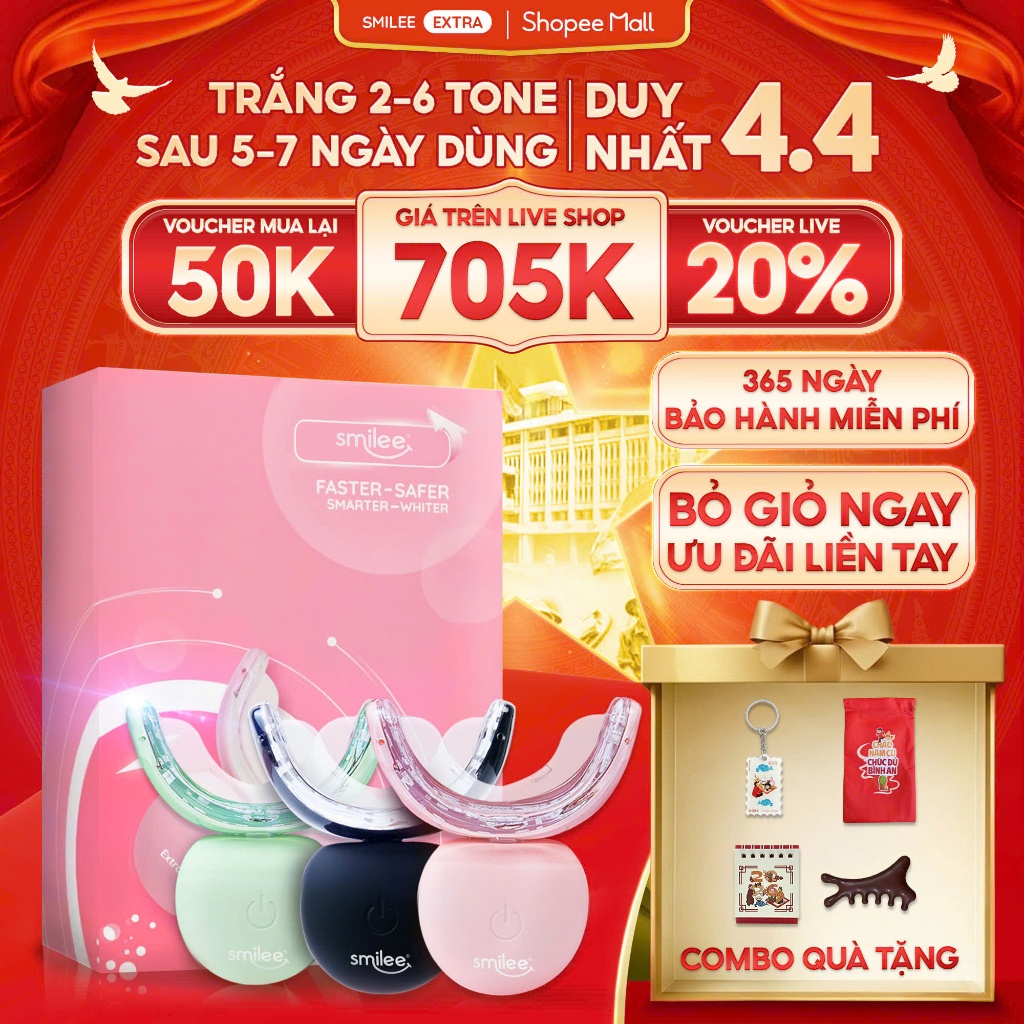 [GIÁ 687K LIVE ECOGO] Bộ Kit Trắng Răng Smilee Extra, Làm Trắng Răng Bật 2-6 Tone Tại Nhà Phiên Bản 