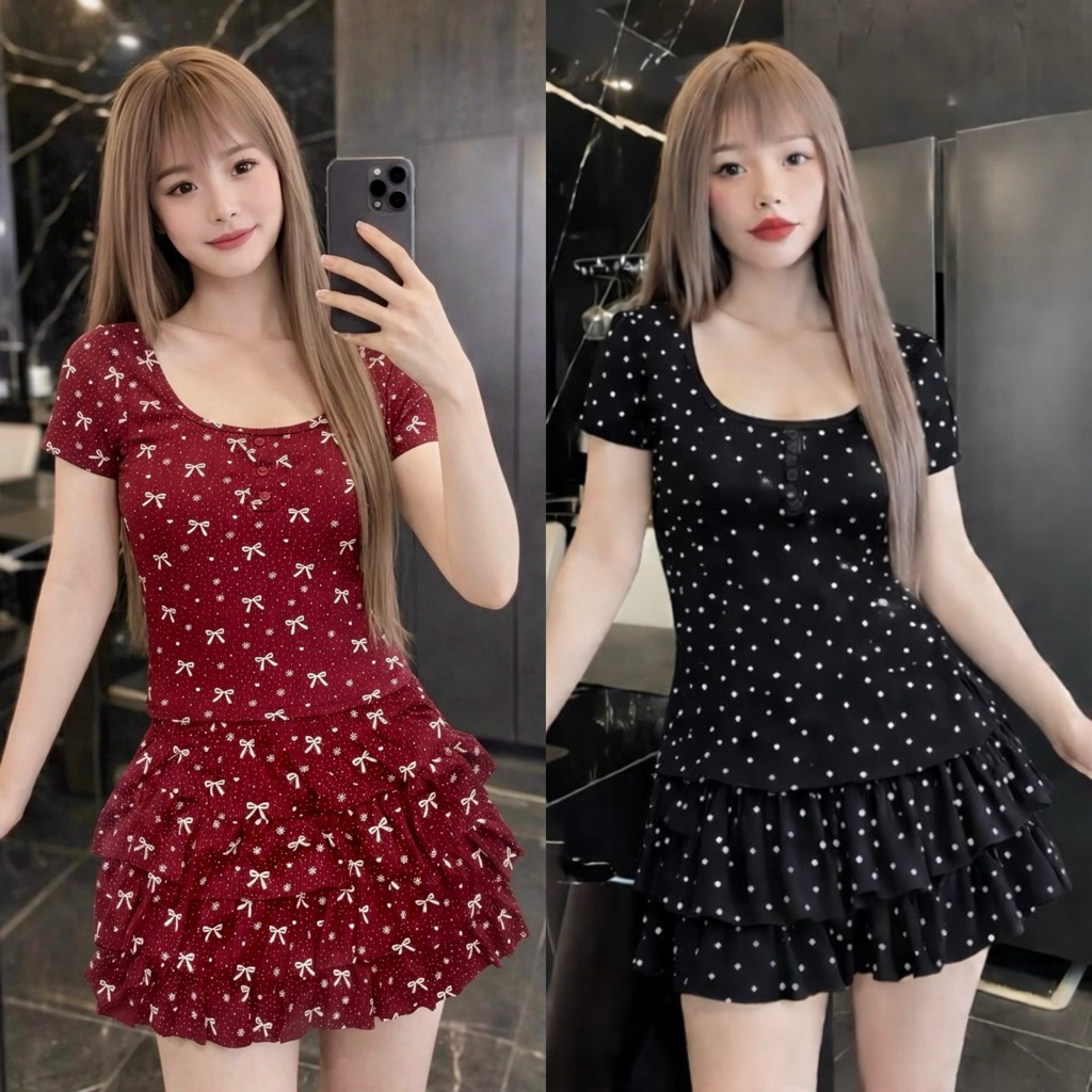 SET Hottrend ÁO CỔ VUÔNG mix VÁY TẦNG Thun Tăm in Hoạ Tiết Siêu Xinh. Bigsize 45-85kg. | BigBuy360 - bigbuy360.vn