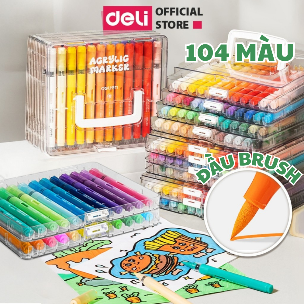 [104 MÀU] Bút Màu Acrylic Marker Roller Free Ink Đầu Lông Mềm Deli 60 Màu Vẽ Mọi Chất Liệu Bullet Journal Tiết Kiệm Mực