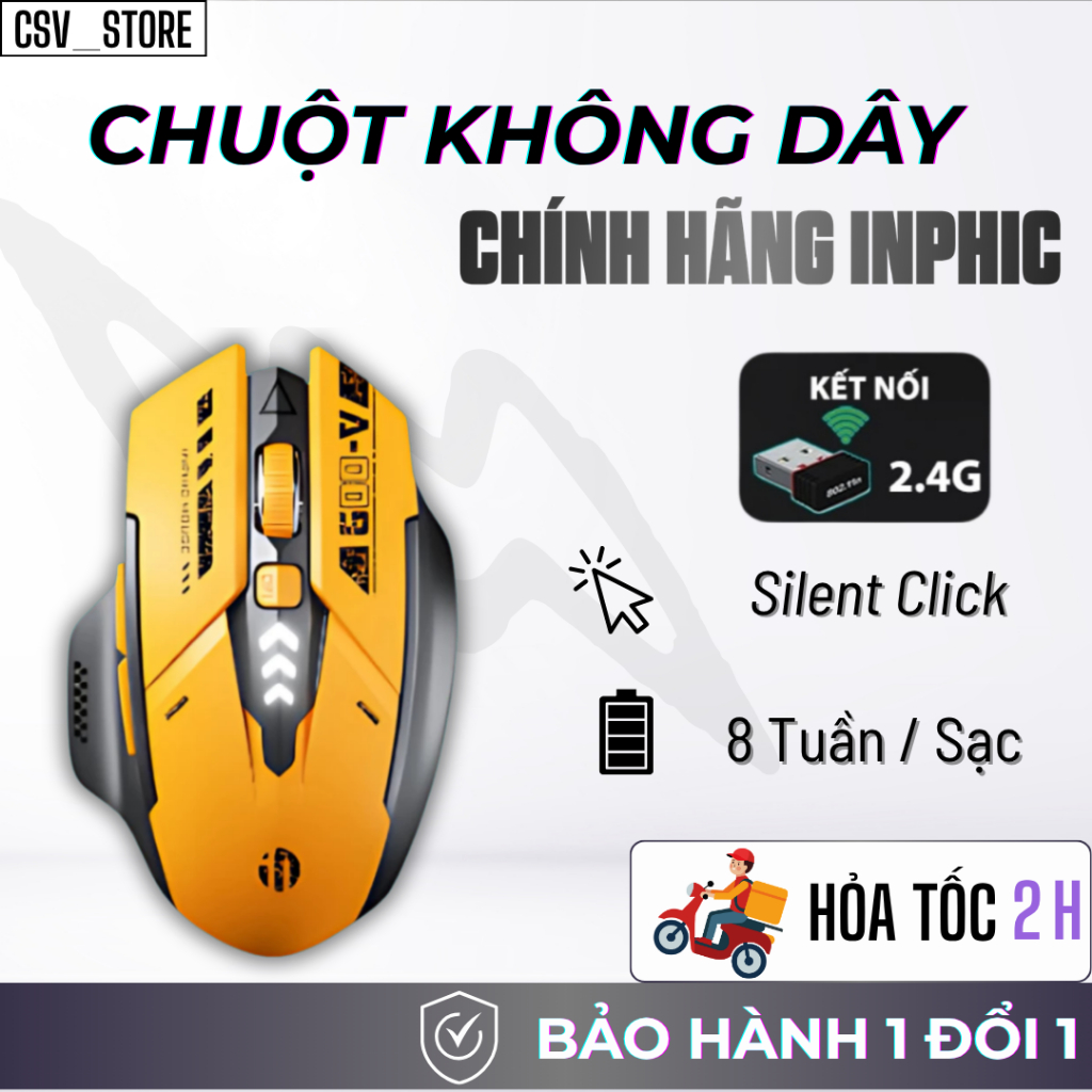 Chuột Gaming Không Dây INPHIC A9 – Chuột Silent Click – Kết nối USB 2.4G – Nhẹ, bền, pin lâu