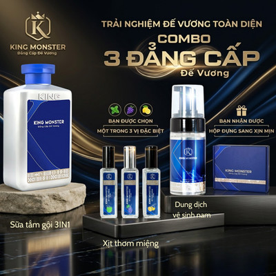 [Combo 3] KING MONSTER Đẳng Cấp Đế Vương Sữa Tắm 350ml& Xịt thơm miêng 10ml(1 trong 3 vị) & Dung dịch vệ sinh nam 100ml