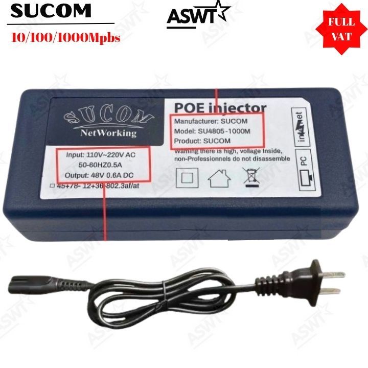 Nguồn PoE injector Sucom 48V 0.6A tốc độ 1000Mbps (chạy được dây 4 lõi 1236) - hàng chuẩn Có VÁT, Ng