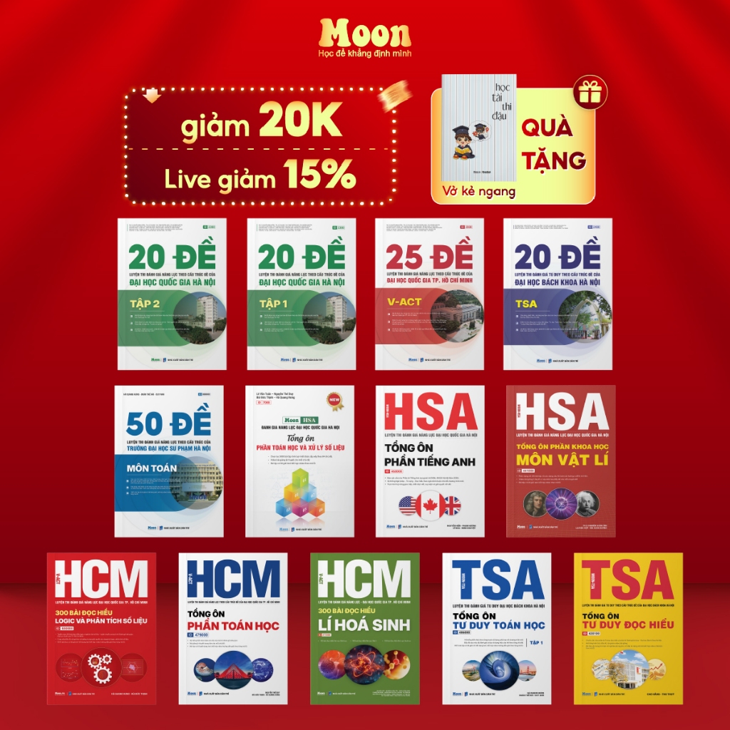 Sách ôn thi đánh giá năng lực đại học quốc giá Hà Nội , đại học quốc gia Hồ Chí Minh 2025- HSA, TSA, VACT | Moonbook