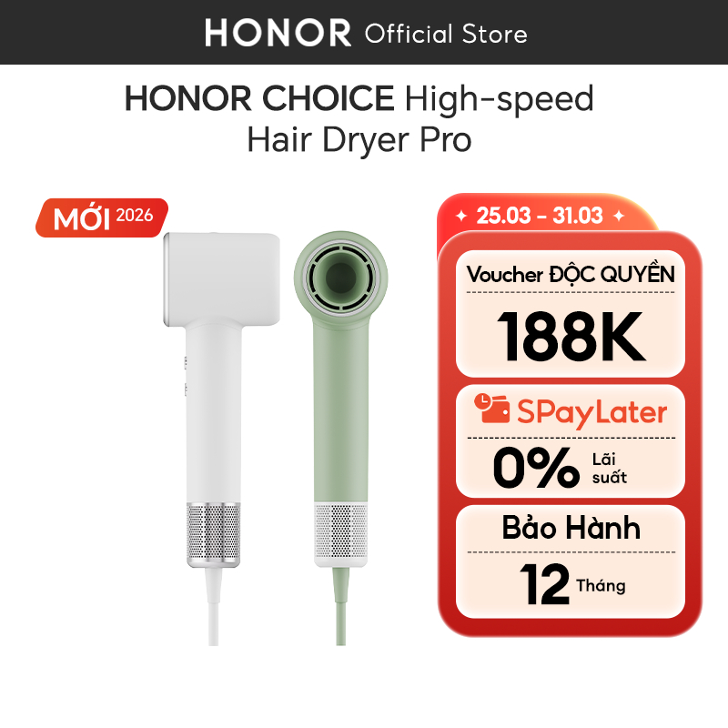 Máy sấy tóc Honor Choice High-Speed Ionic Hair Dryer Pro | Vận tốc 65m/s | Siêu nhẹ 309g | BH 12 thá