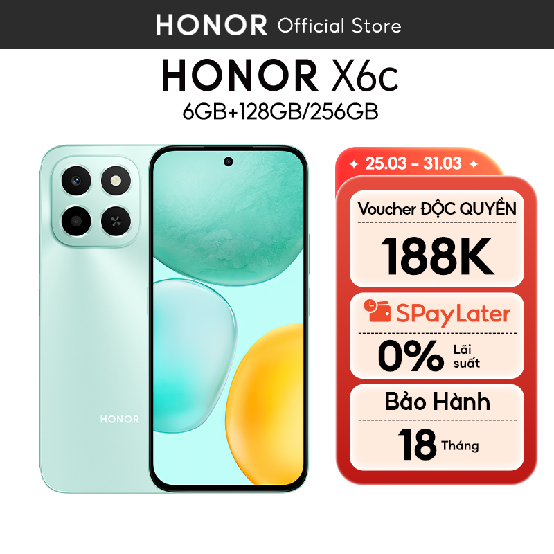 Điện Thoại Di Động Honor X6c 6GB + 128GB/256GB | Pin 5300mAh | Camera 50MP| NFC | Kháng nước IP64 | BH 18 Tháng