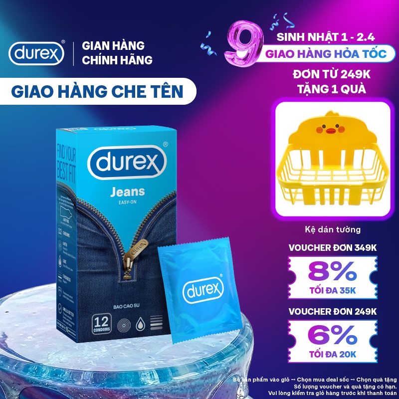 [MỚI] Bao cao su Durex Jeans cơ bản, bôi trơn, size 52.5mm, hộp 12 bao