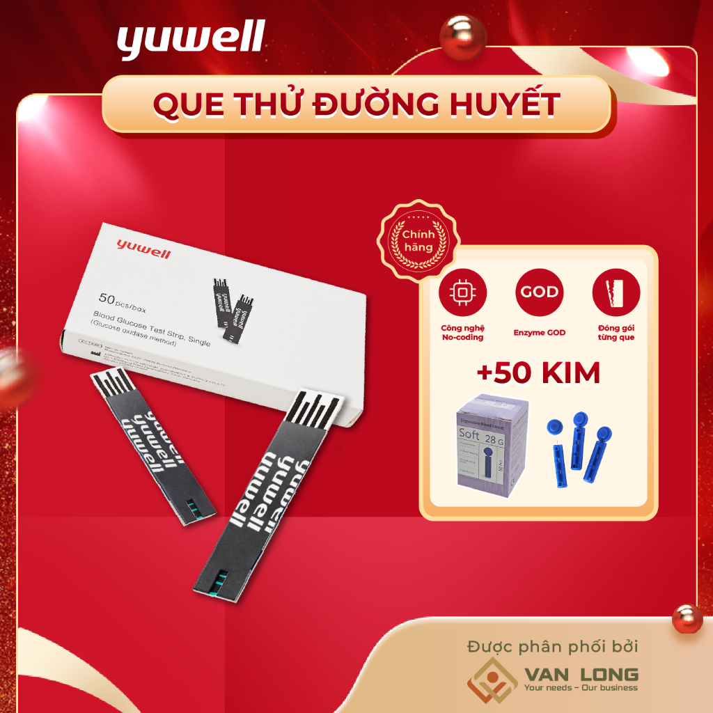 Que thử đường huyết Yuwell Y330 Hộp 50 que dùng với máy đo đường huyết Yuwell 582. Tặng 50 kim.