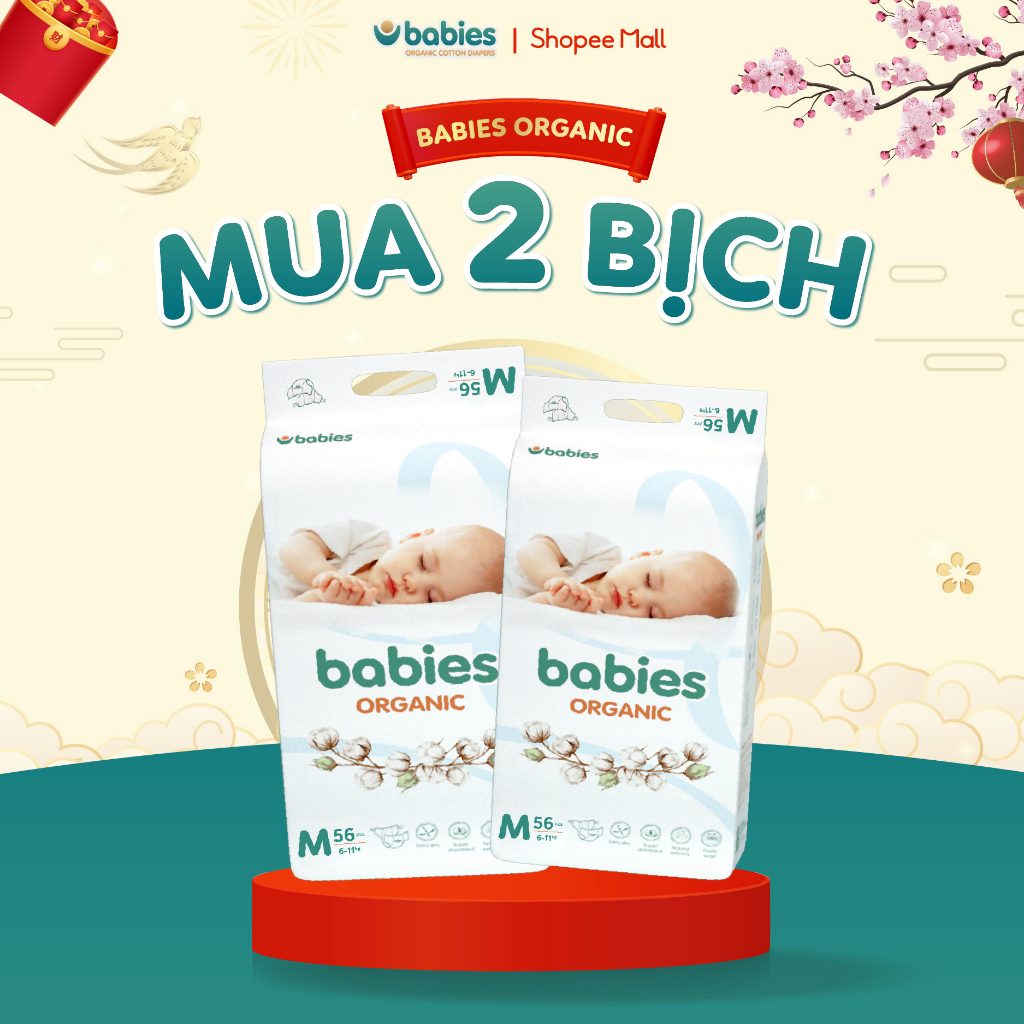 Combo 2 Bịch Bỉm Dán/ Bỉm Quần Babies Organic Thương Hiệu Việt, Mềm Mịn, Thấm Hút 1400ml, Đủ Size NB/S/M/L/XL/2XL/3XL