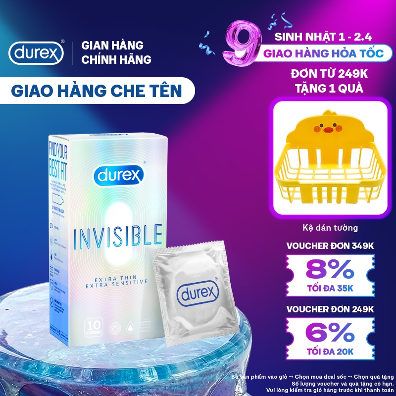 Bao cao su Durex Invisible siêu mỏng size 52mm, hộp 10 bao