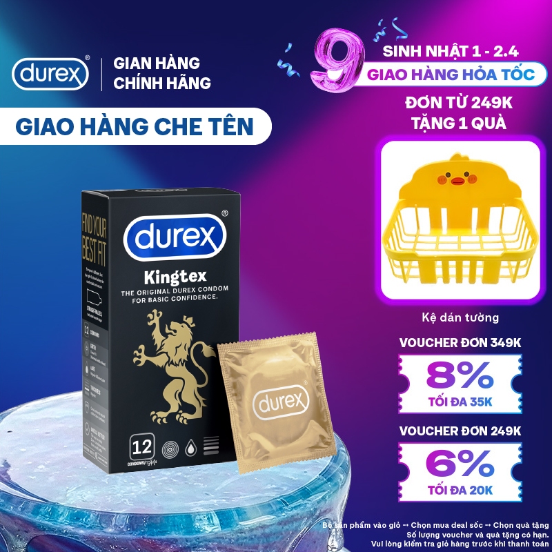 Bao cao su Durex Kingtex ôm sát, bôi trơn, size 49mm, hộp 12 bao