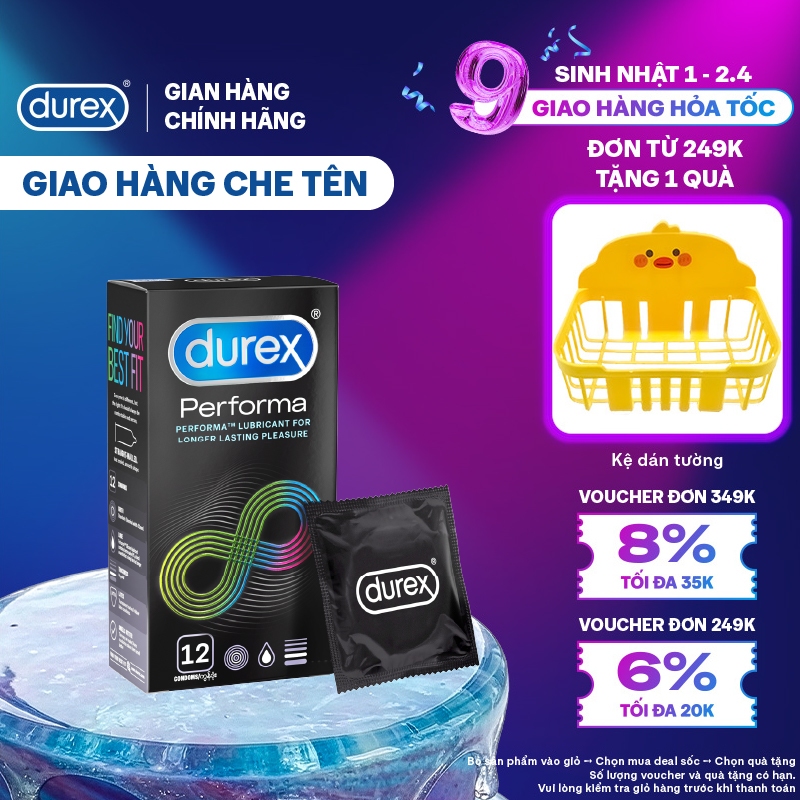 Bao cao su Durex Performa kéo dài thời gian, size 52mm, hộp 12 bao
