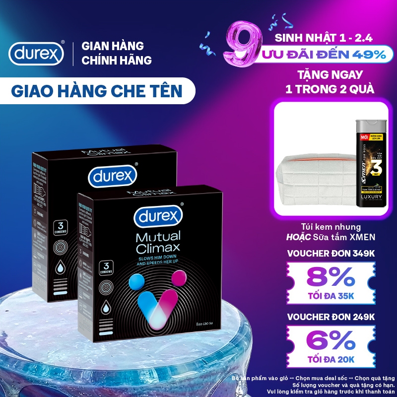[SẢN PHẨM MỚI] Bộ 2 hộp bao cao su Durex Mutual Climax  kéo dài thời gian và gân gai, size 52.5 mm, hộp 3 bao