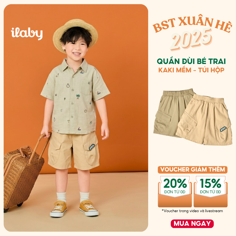 [ILABY 10-35kg] Quần short bé trai, quần đùi túi hộp tròn chiết ly phong cách cho bé trai [3158]