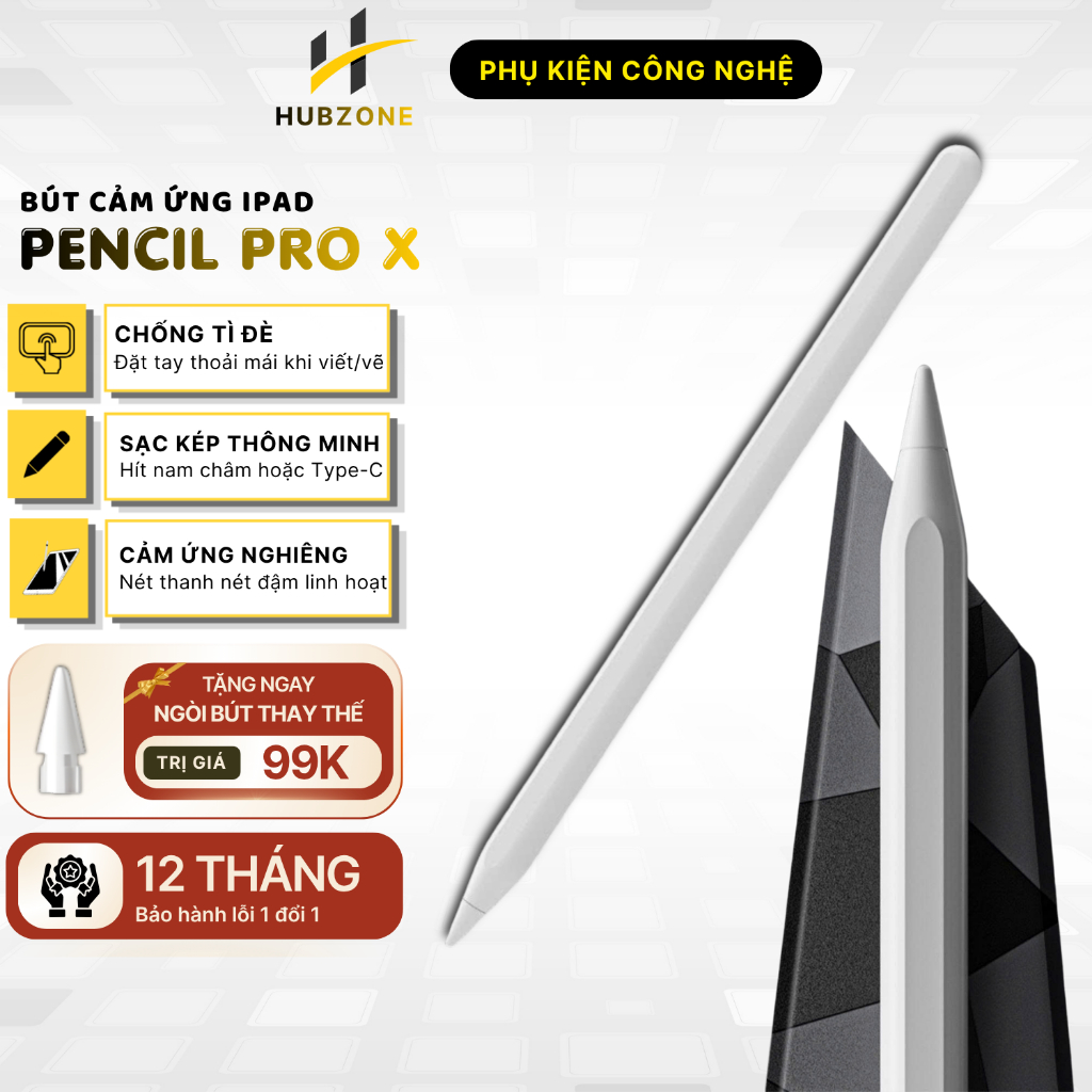 (Tặng ngòi thay thế) Bút Cảm Ứng iPad Pencil Pro X - Sạc Kép (Nam Châm + Type-C),Bluetooth Hiển Thị Pin,Cảm Ứng Nghiêng