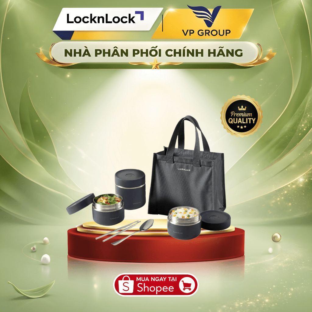 Bộ hộp cơm giữ nhiệt Lock&Lock Pump Vacuum Lunch Box (300ml*2,500ml*1,bộ đũa và thìa,túi) LHC8052S02
