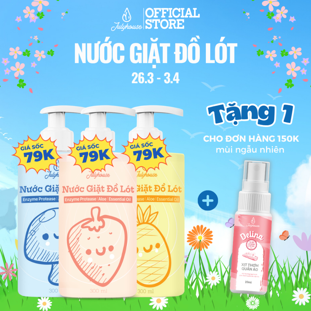Nước giặt đồ lót Julyhouse 300ml chiết xuất từ Lô Hội và tinh dầu Bạc Hà thơm mát và làm sạch vết bẩn, dịu nhẹ da tay