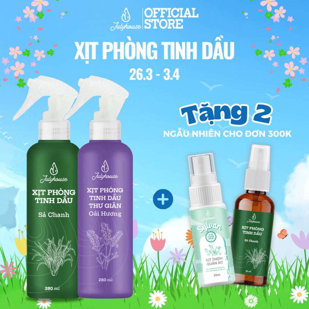 Bình xịt phòng JULYHOUSE 280ml tinh dầu Sả Chanh, Bạc Hà, Bạch Đàn Chanh, Quế, Oải Hương thơm phòng