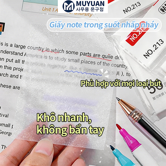 MUYUAN Giấy Note Trong Suốt Chống Nước – Set 50 Tờ, Keo Dán Chắc, Dùng Cho Học Tập & Văn Phòng