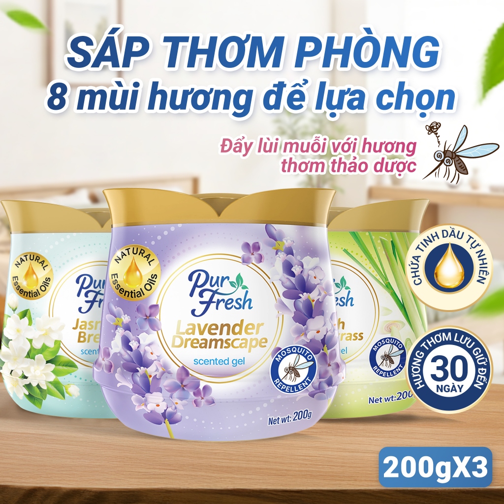 Combo 3 Sáp thơm phòng đuổi muỗi, khử mùi PurFresh 200gr chính hãng (8 hương lựa chọn)