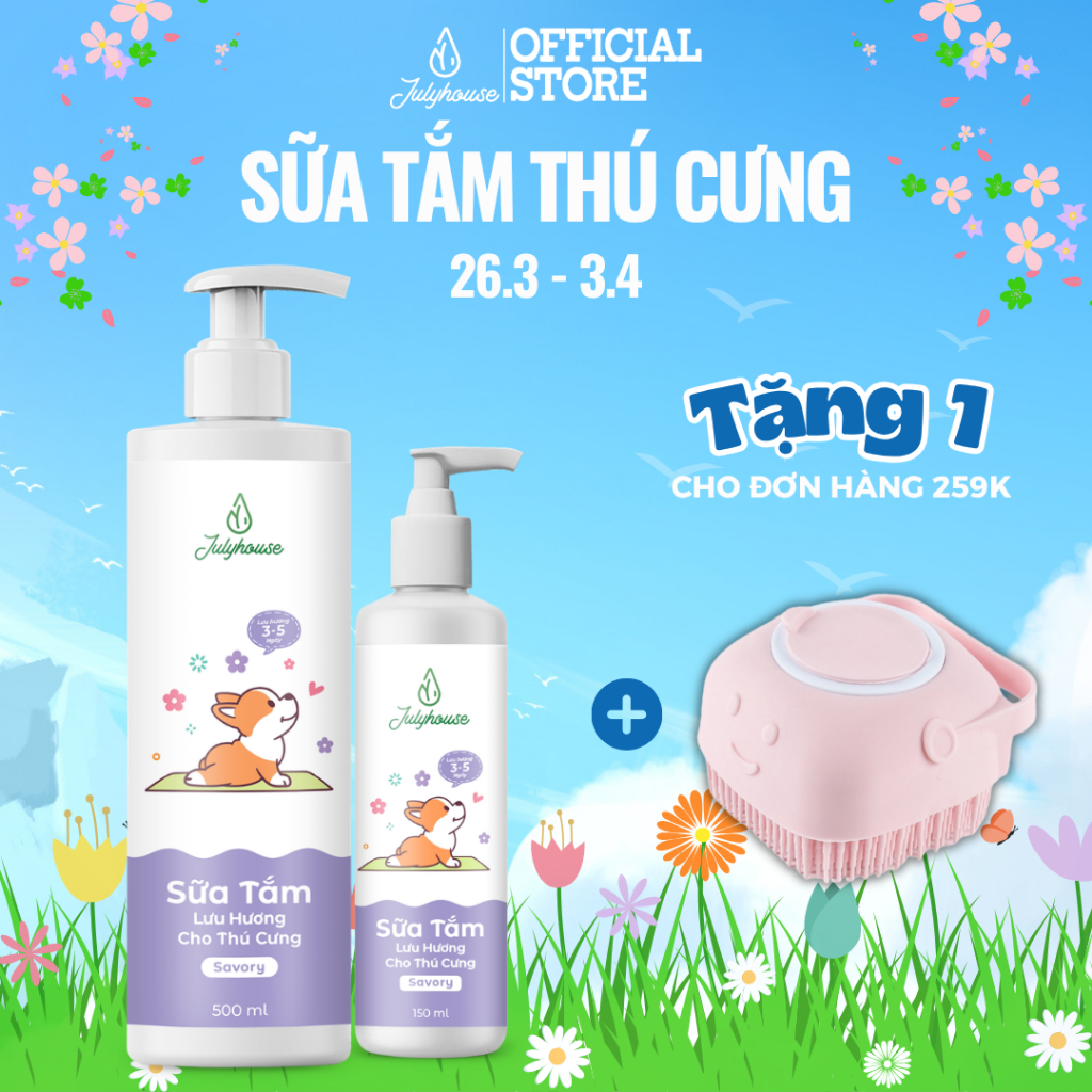 Sữa tắm cho chó mèo Julyhouse 150/500ml Savory hương chanh thanh mát giúp làm sạch khử mùi lưu hương thơm 3-5 ngày