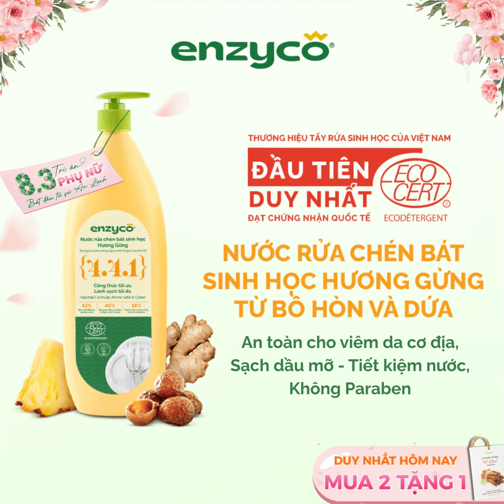 Nước Rửa Chén Gừng Sinh Học ENZYCO 870ML Từ Bồ Hòn & Dứa,Sạch Dầu Mỡ,Không Khô Da Tay,Đạt Chứng Nhận