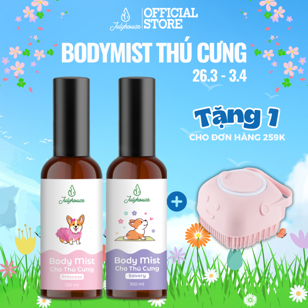 Bodymist xịt thơm khử mùi cho chó mèo JULYHOUSE 20ml/100ml dưỡng da lông, thơm lâu hương nước hoa