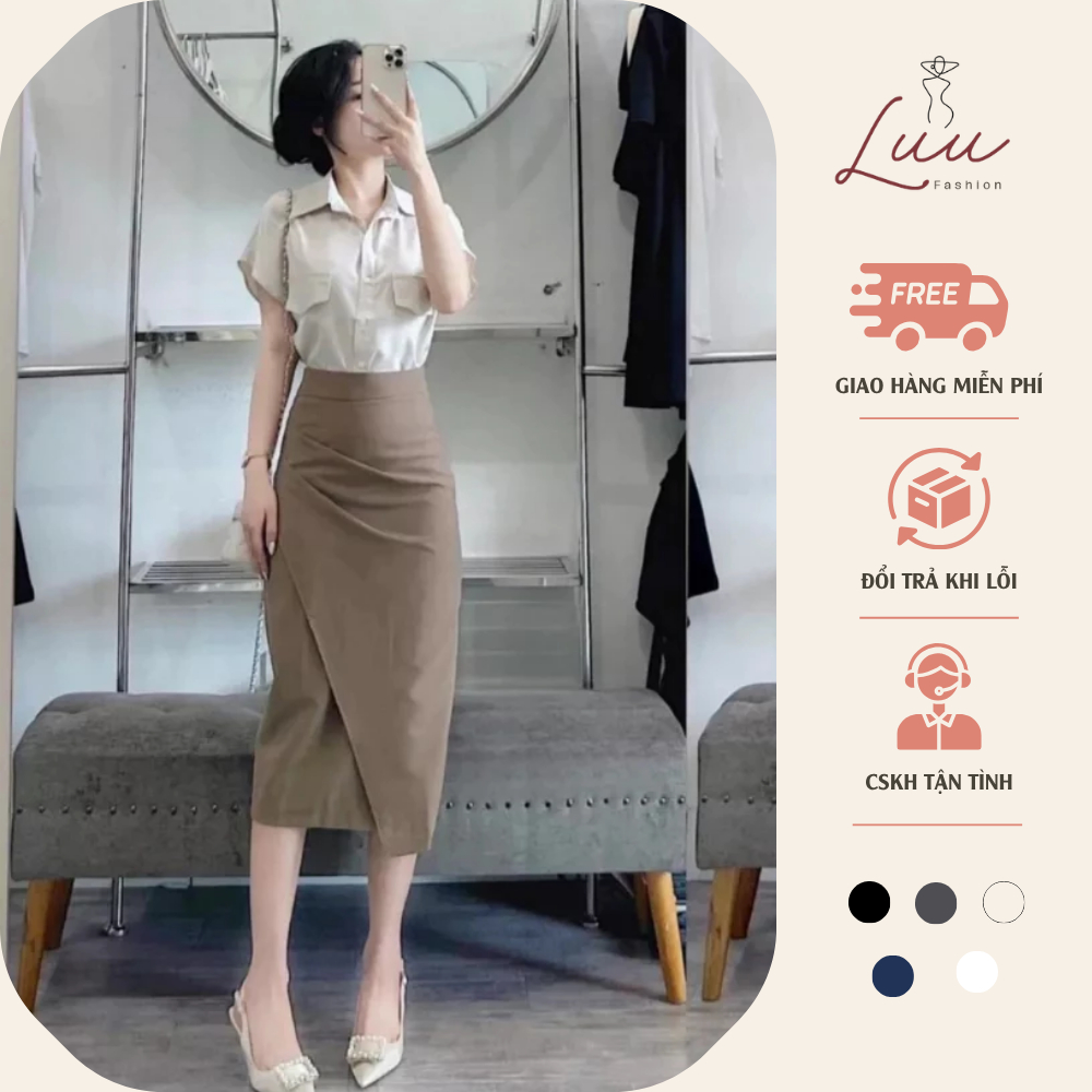 Chân váy suông dài 72cm đáp tà to nhún eo che khuyết điểm - Luu fashion