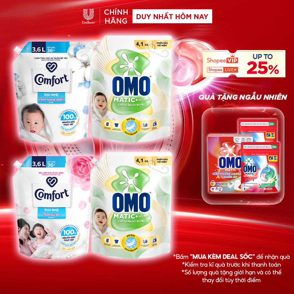 Combo Túi Nước Giặt Omo Matic Cho quần áo bé yêu 4,1kg + Nước Xả Vải Comfort Dịu Nhẹ Túi 3,6L