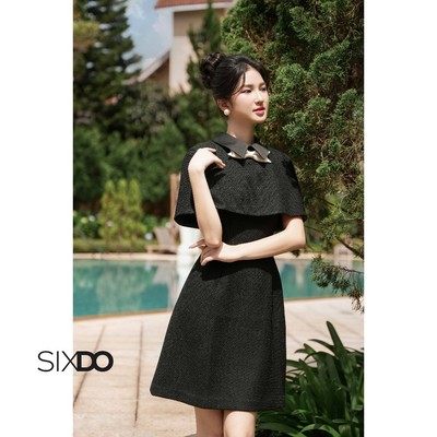 Đầm tweed ngắn dáng xòe chùm vai SIXDO (Black Tweed Flared Dress With Bowtie)