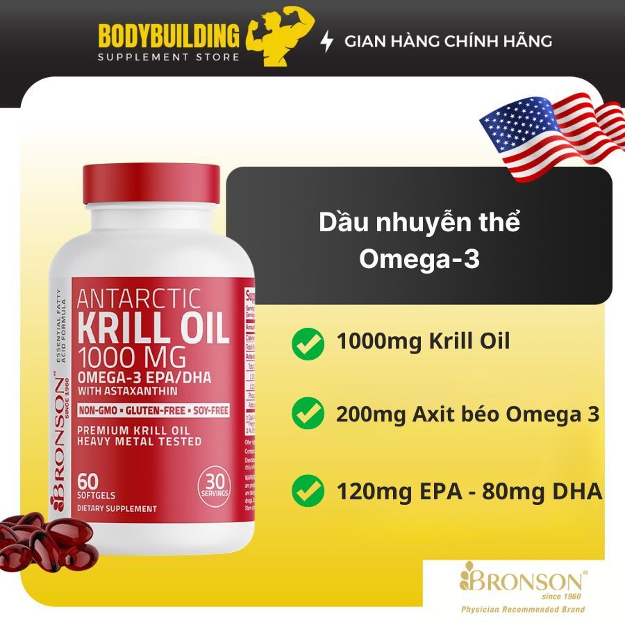 Dầu cá nhuyễn thể Bronson Krill Oil Omega-3 1000mg EPA/DHA hỗ trợ sức khỏe não bộ và tăng cường hệ m