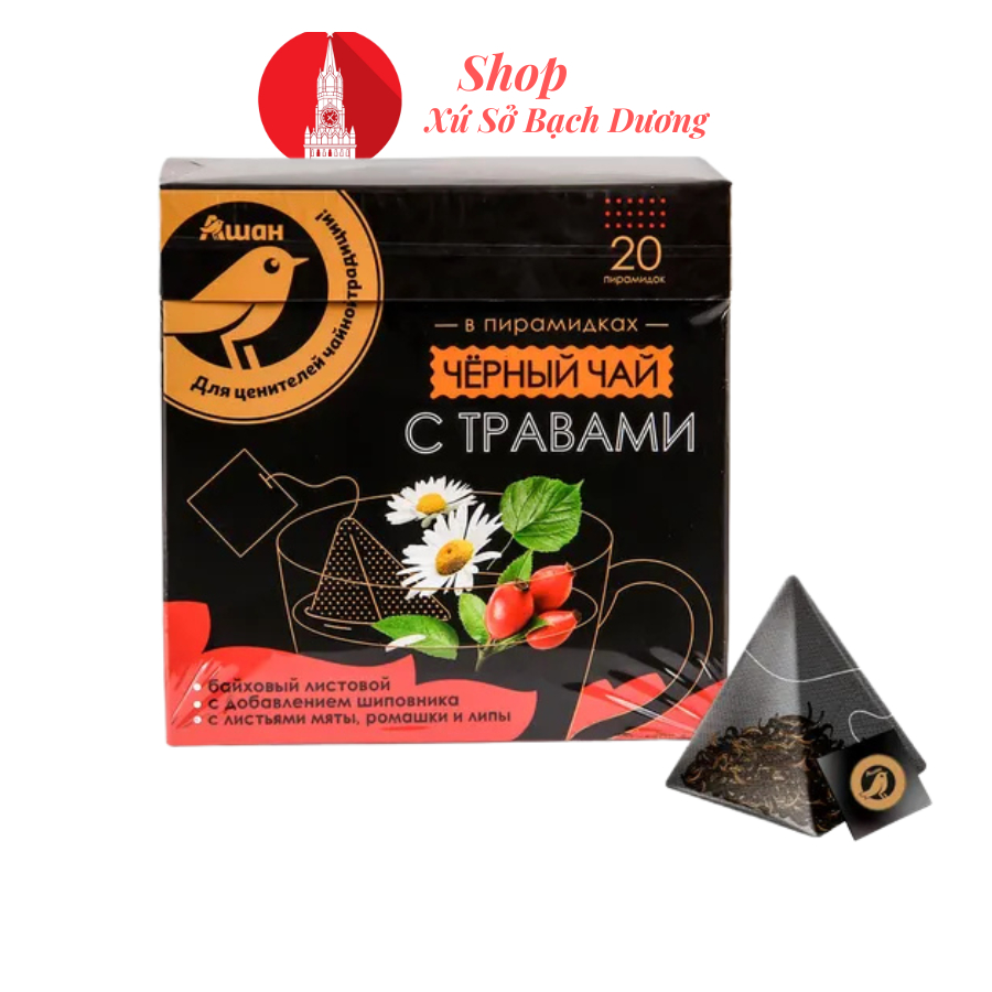 Trà đen thảo mộc Nga túi lọc Auchan Golden Bird, gồm 20 túi lọc kim tự tháp