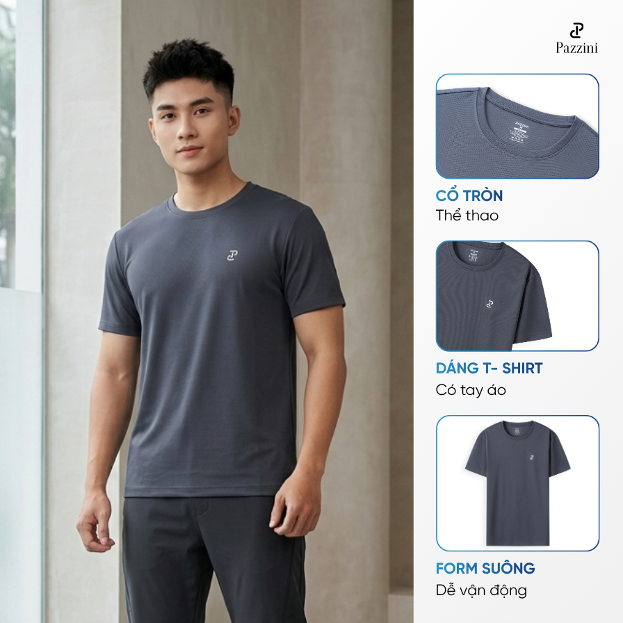 Áo thun nam thể thao PAZZINI TS003 vải mè thông hơi thoáng mát co giãn tốt dáng suông cổ tròn