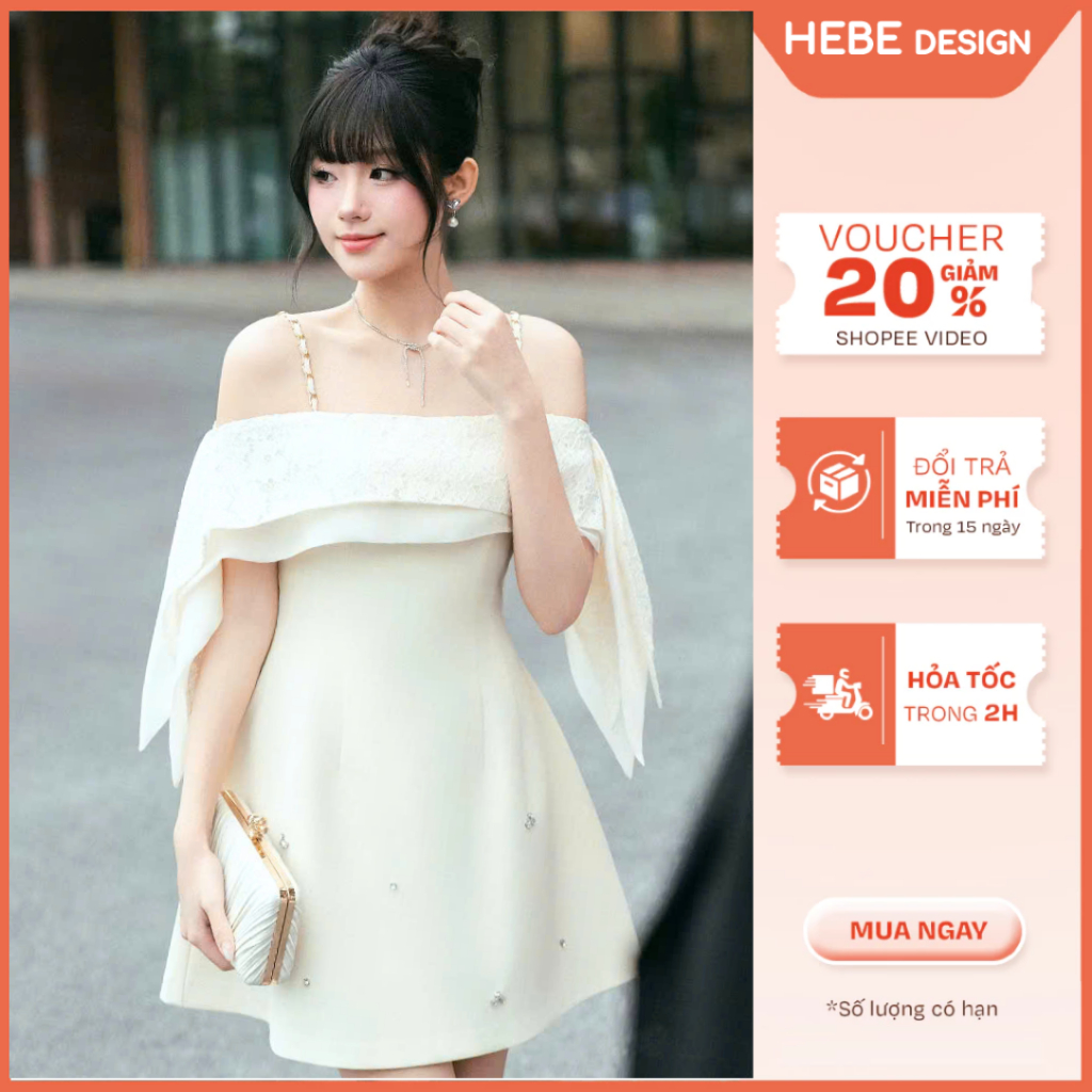 Đầm Poley Tiểu Thư Trễ Vai Thanh Lịch, Váy Ngắn Dáng Xòe Nữ Tính Sang Trọng Mặc Đi Tiệc Đi Chơi HEBE