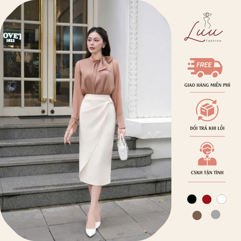 Chân váy suông NƠ NHÚN EO đáp tà tp thời trang nữ cao cấp CV01 - Luu fashion