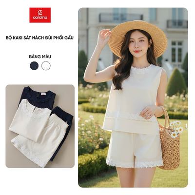 Bộ đồ nữ CARDINA chất liệu kaki áo sát nách quần đùi phối gấu 6BGN01