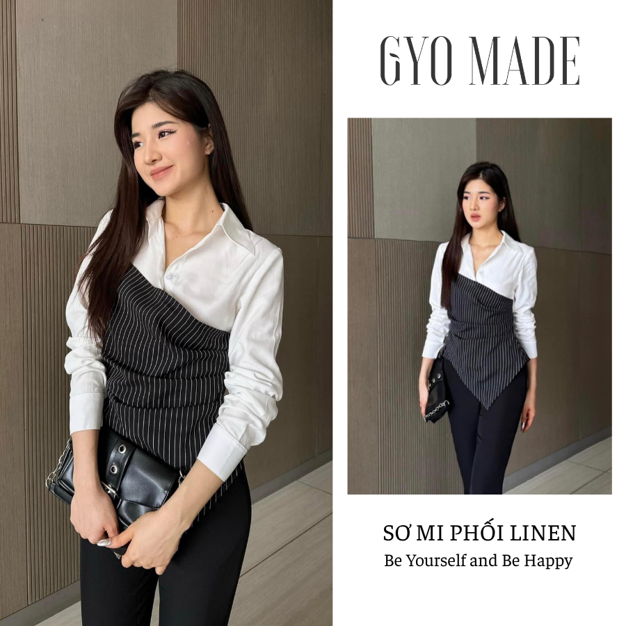 Áo sơ mi kiểu GYOMADE® phối hoạ tiết đen sọc trắng công sở chất Kate phối Linen | GA006B | BigBuy360 - bigbuy360.vn